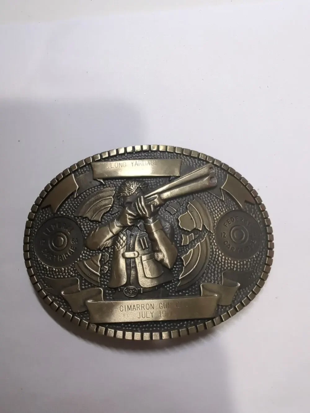 1980 Cimarron Gun Club Brass Belt Buckle Long yardage Kansas Award Design Metals